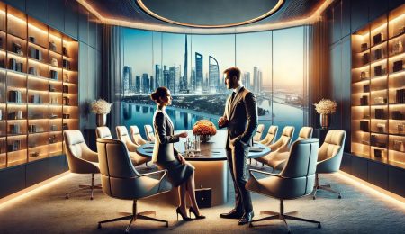 a man and a woman sitting at a table in a room with a view of the city skyline