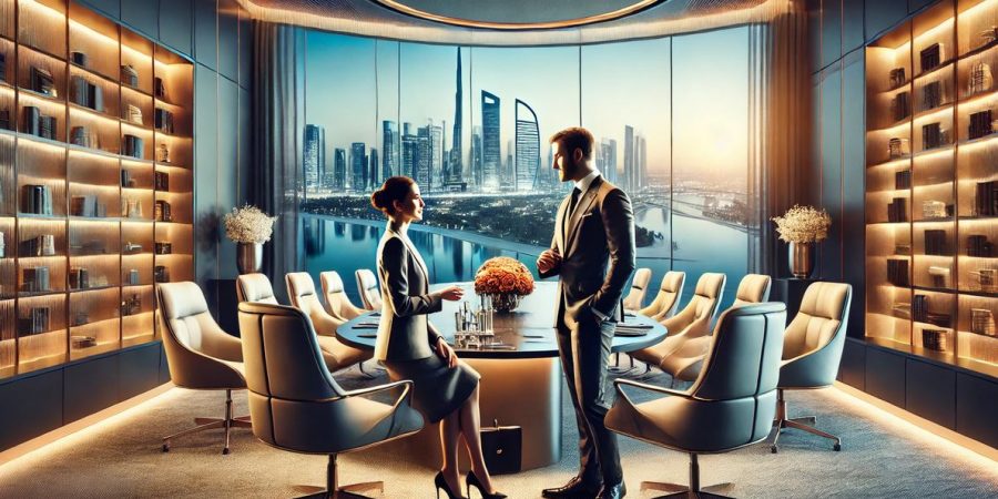 a man and a woman sitting at a table in a room with a view of the city skyline